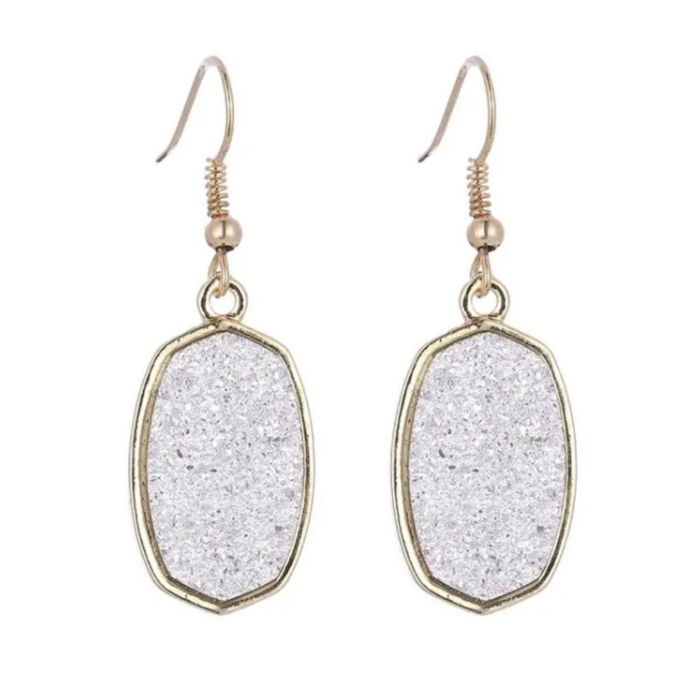Gold Silver Crystal Oval Hexagon Dangle Earrings